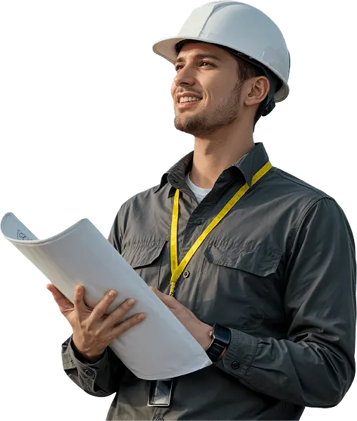 Ein Mann mit einem Schutzhelm hält ein Blatt Papier in der Hand.